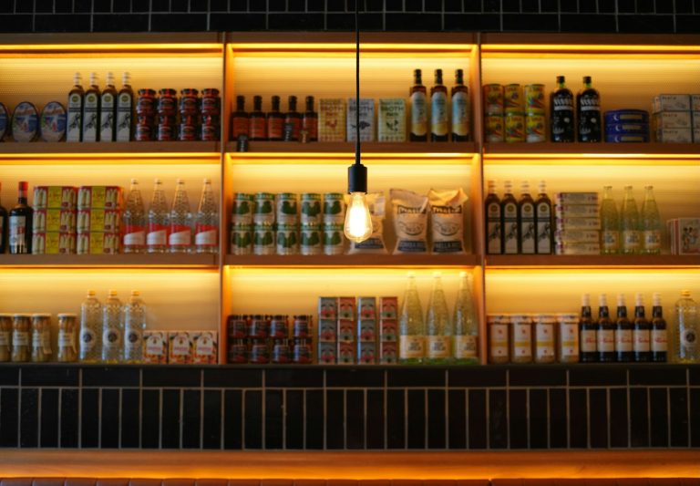 Shelves full of oils and canned goods